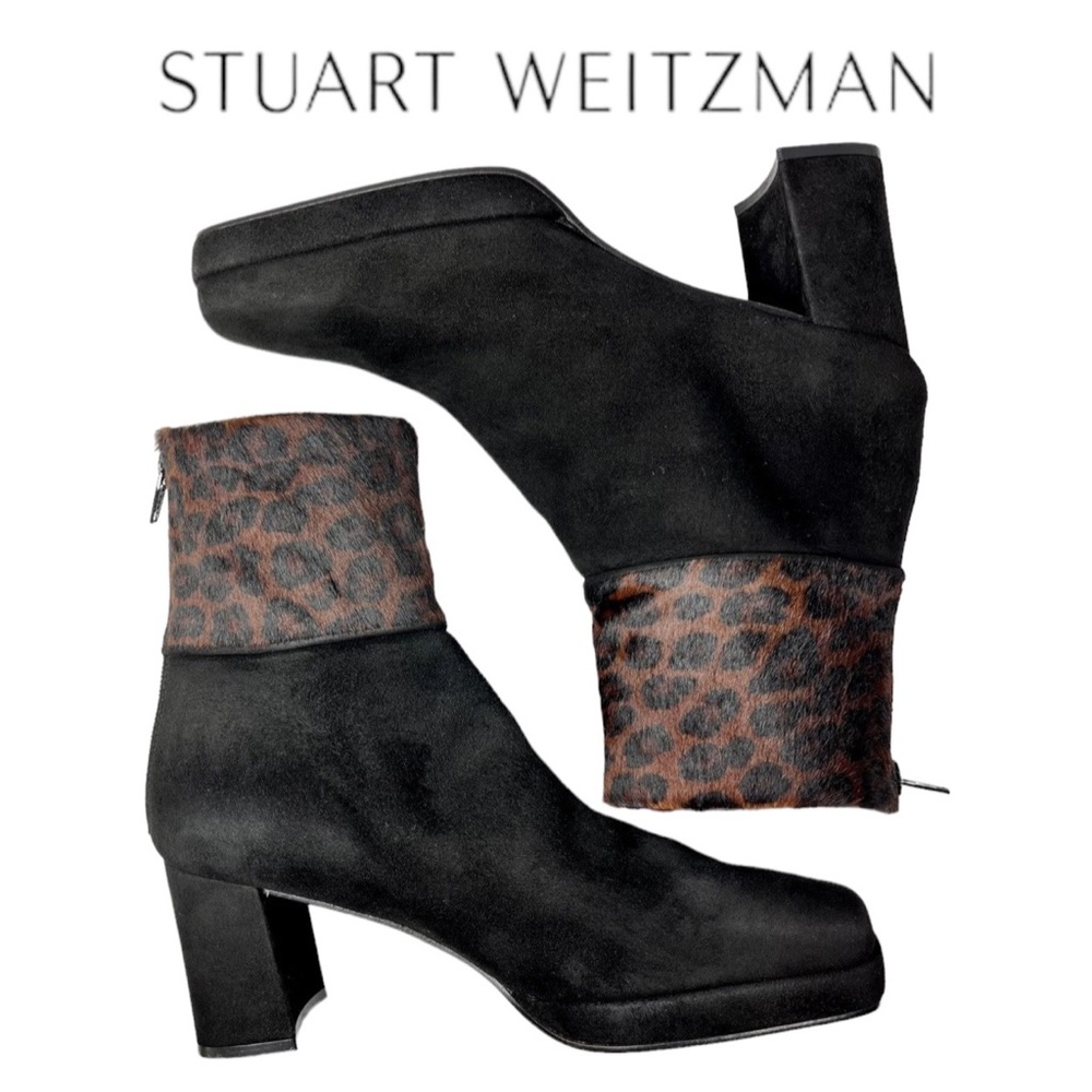Stuart Weitzman Women’s 7 AA Black Suede Leopard Pony Hair Ankle Boots